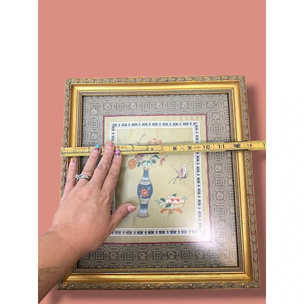 Vintage Chinese Silk Embroidery Framed Art Floral Vase Butterfly Chinoiserie